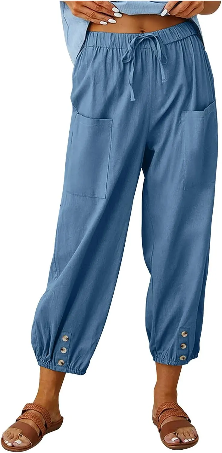 Women Casual Lantern Tapered Harem Pants Solid Loose Fit Style Cotton Linen Capris Pants Elastic Waist Cotton Trouser