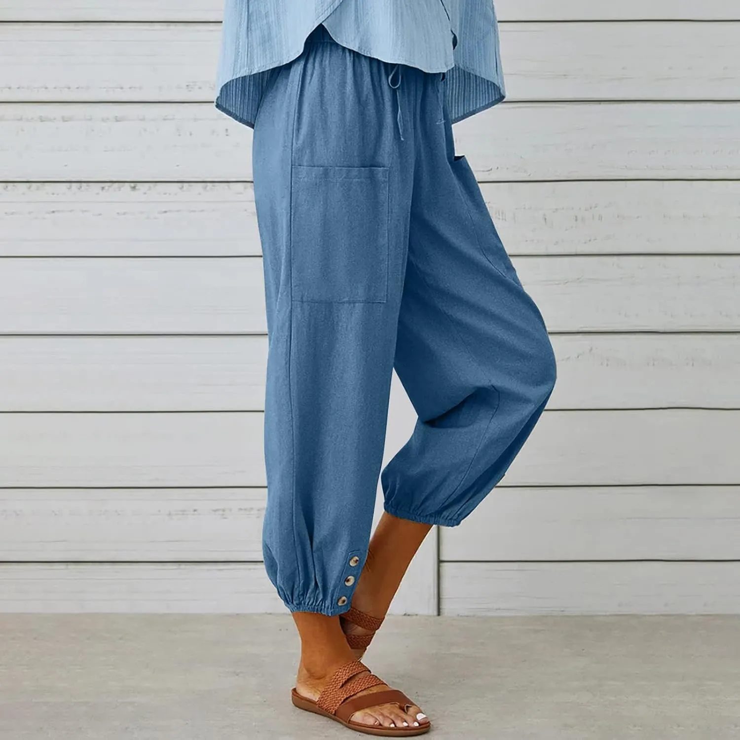 Women Casual Lantern Tapered Harem Pants Solid Loose Fit Style Cotton Linen Capris Pants Elastic Waist Cotton Trouser