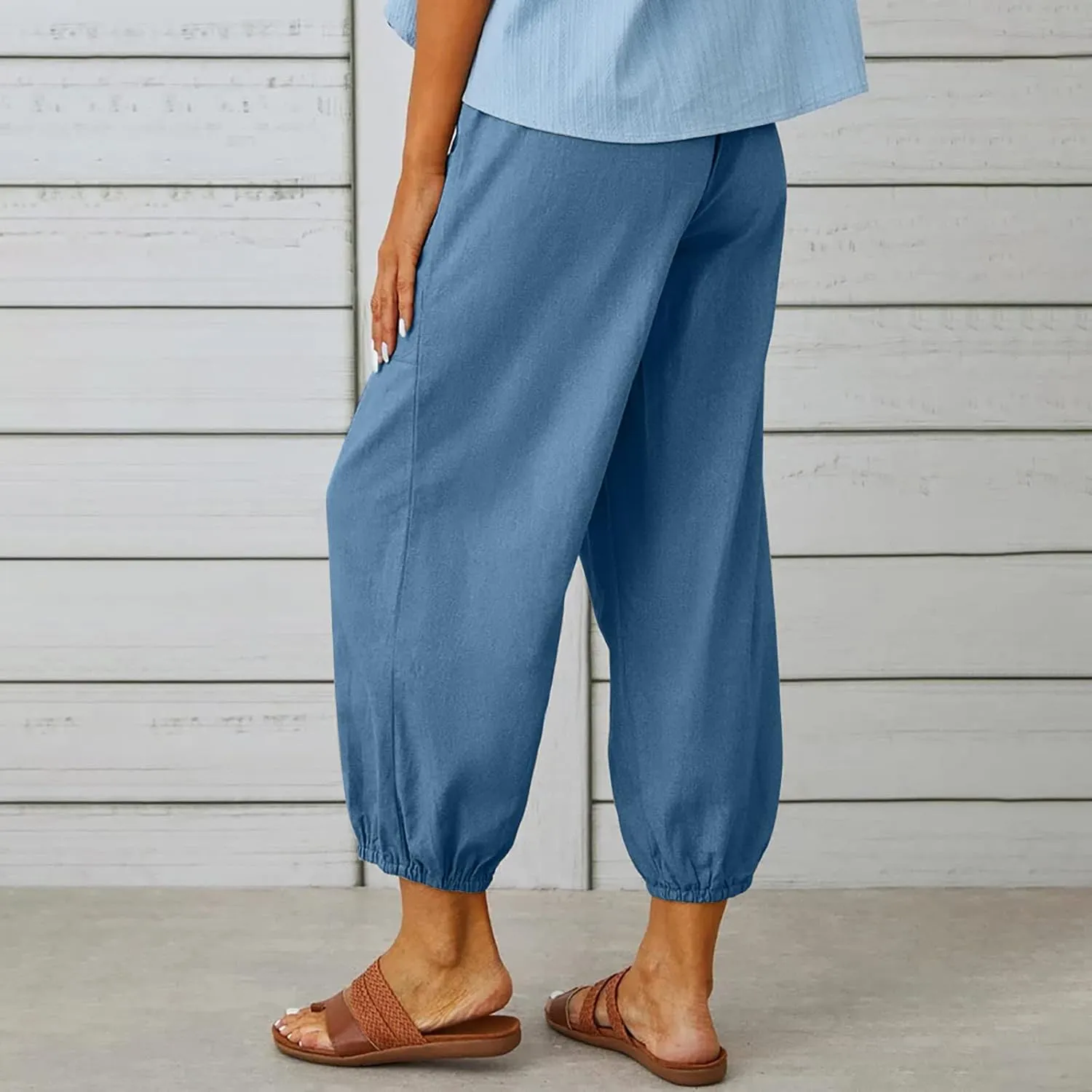 Women Casual Lantern Tapered Harem Pants Solid Loose Fit Style Cotton Linen Capris Pants Elastic Waist Cotton Trouser