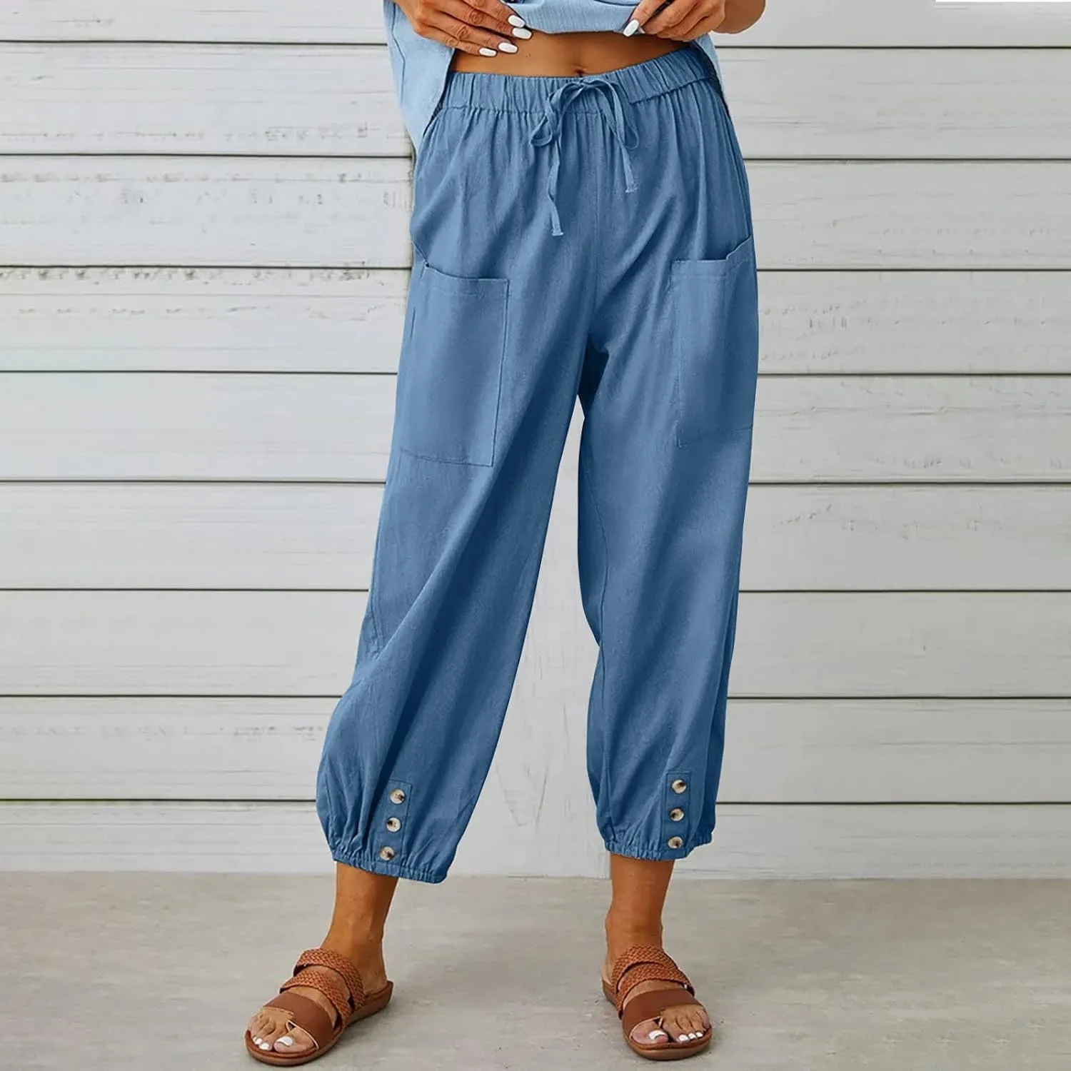 Women Casual Lantern Tapered Harem Pants Solid Loose Fit Style Cotton Linen Capris Pants Elastic Waist Cotton Trouser
