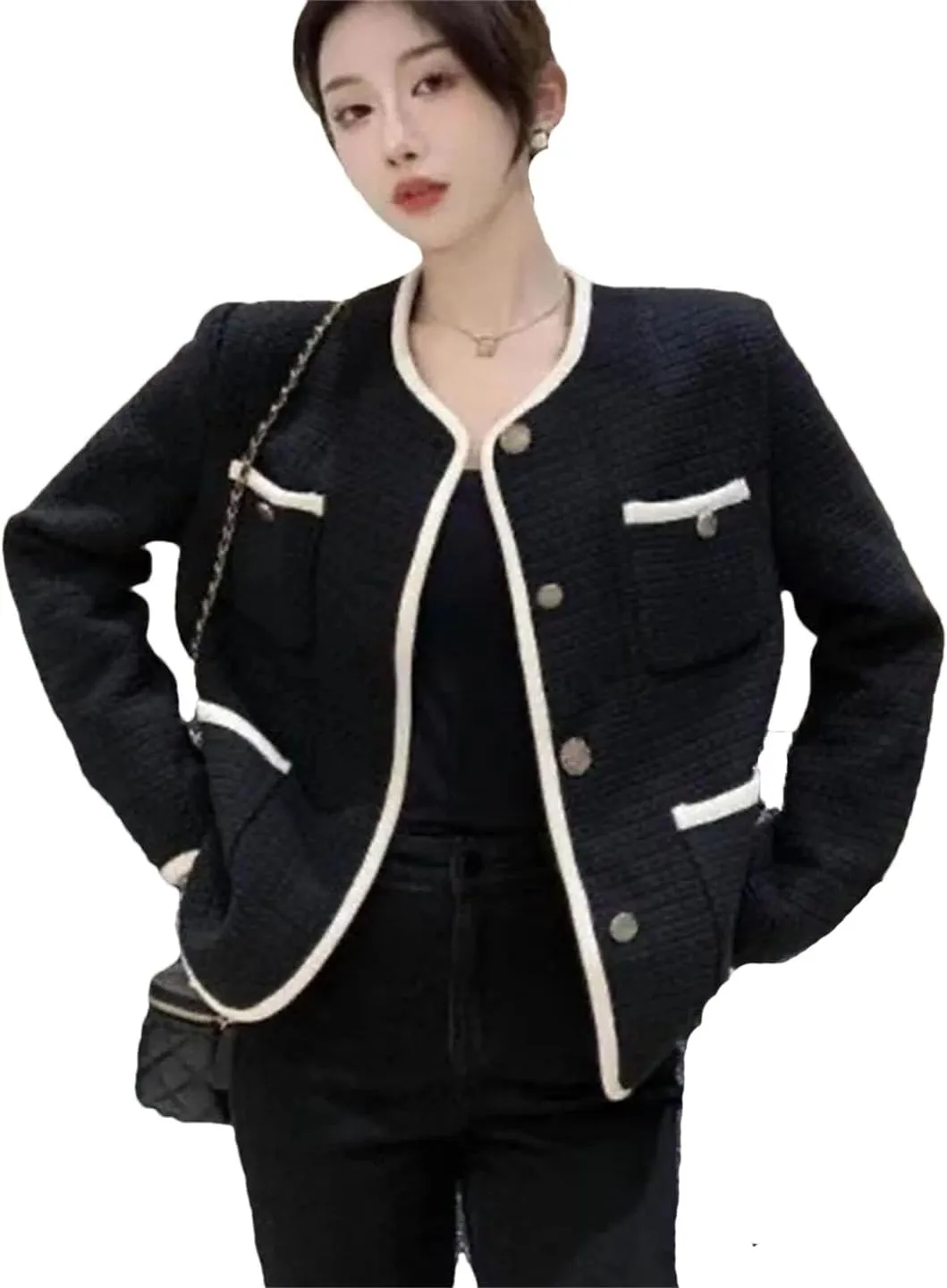 Women O-Neck Tweed Single Breasted Woolen Jackets Korean Wool Blend Tops Spring Fall Elegant Coats