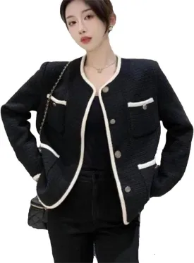 Women O-Neck Tweed Single Breasted Woolen Jackets Korean Wool Blend Tops Spring Fall Elegant Coats