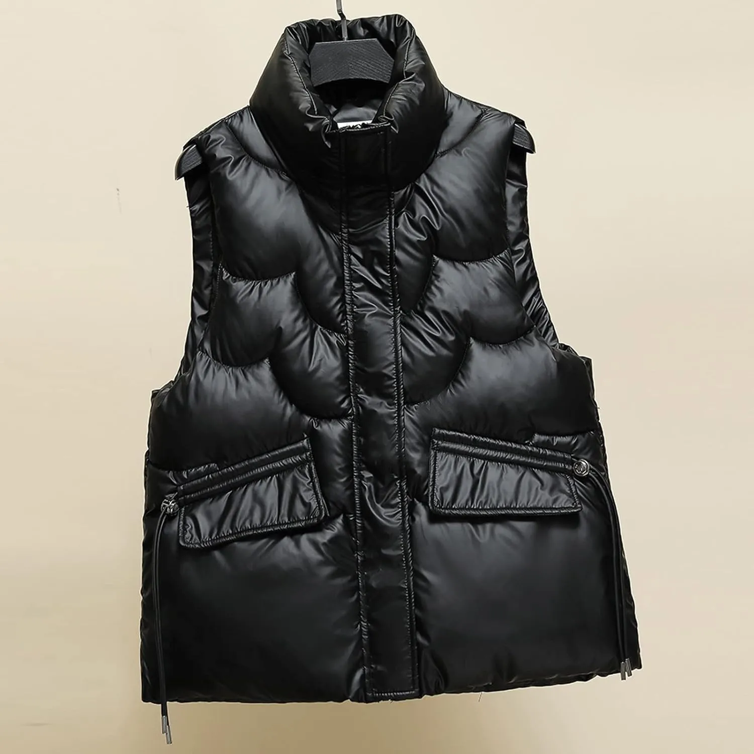Women Shiny Puffer Vest Winter Warm Sleeveless Pluffy Down Jackets Zip Up Stand Collar Coat Gilet with Flap Pockets
