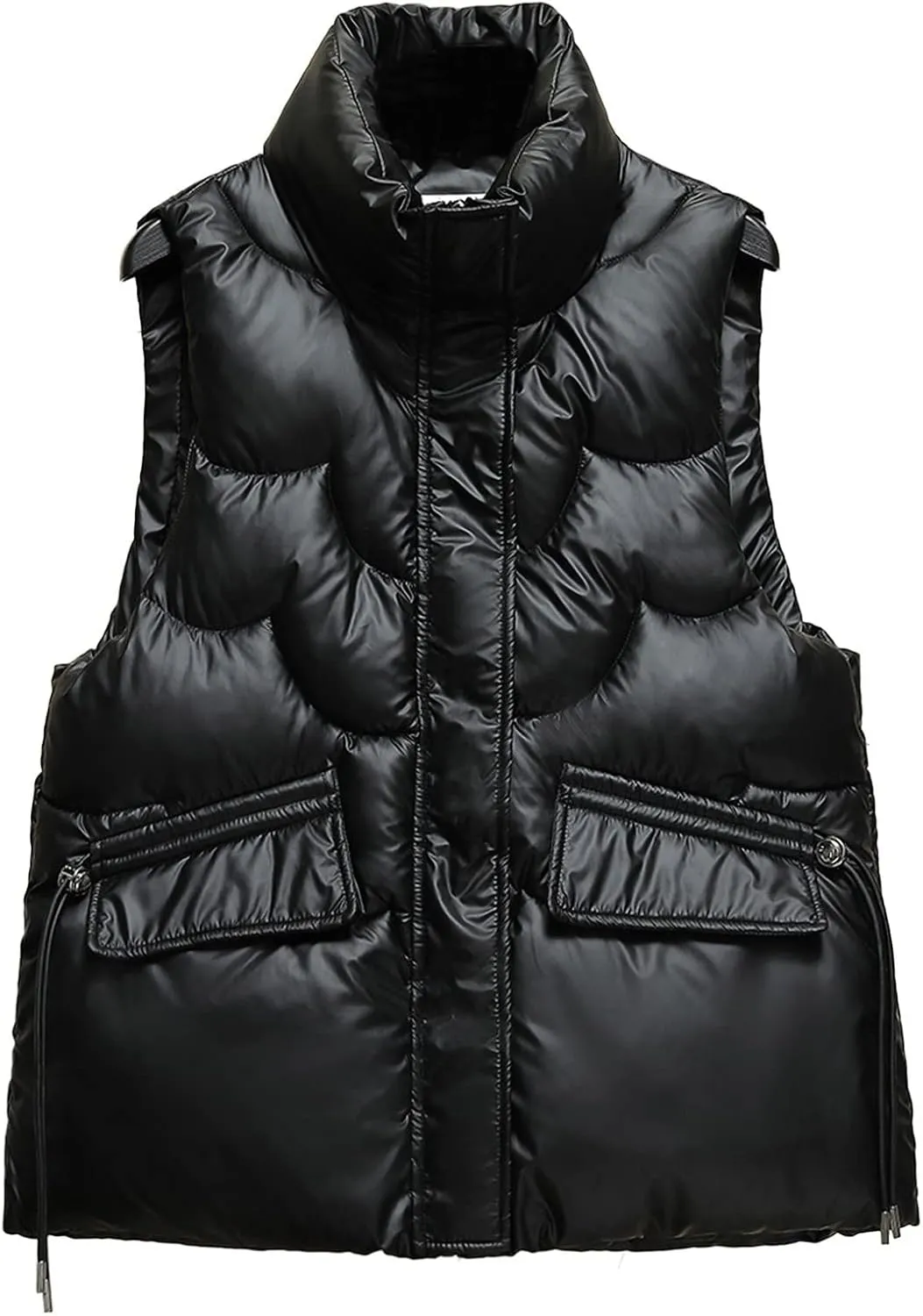 Women Shiny Puffer Vest Winter Warm Sleeveless Pluffy Down Jackets Zip Up Stand Collar Coat Gilet with Flap Pockets