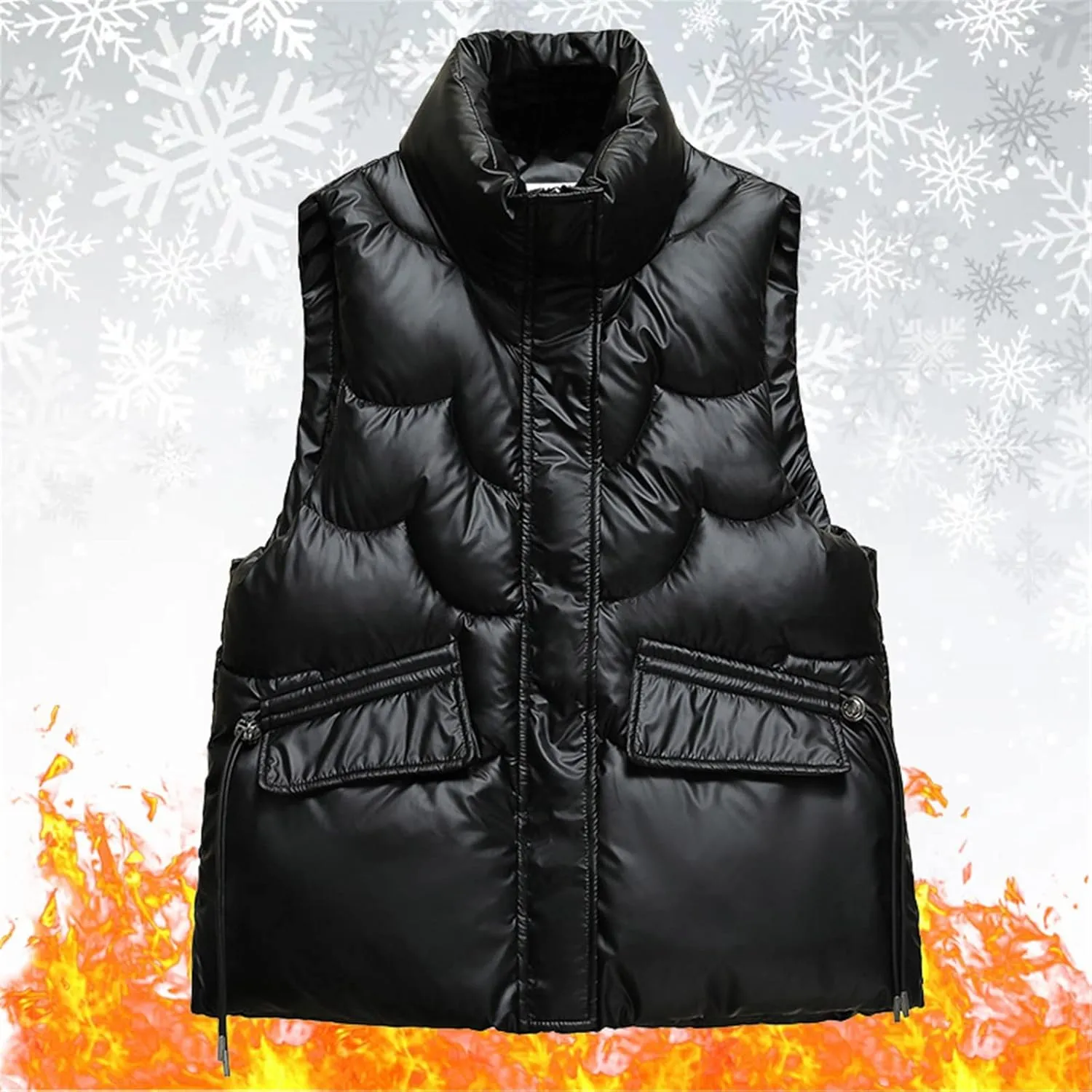 Women Shiny Puffer Vest Winter Warm Sleeveless Pluffy Down Jackets Zip Up Stand Collar Coat Gilet with Flap Pockets