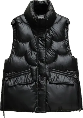 Women Shiny Puffer Vest Winter Warm Sleeveless Pluffy Down Jackets Zip Up Stand Collar Coat Gilet with Flap Pockets