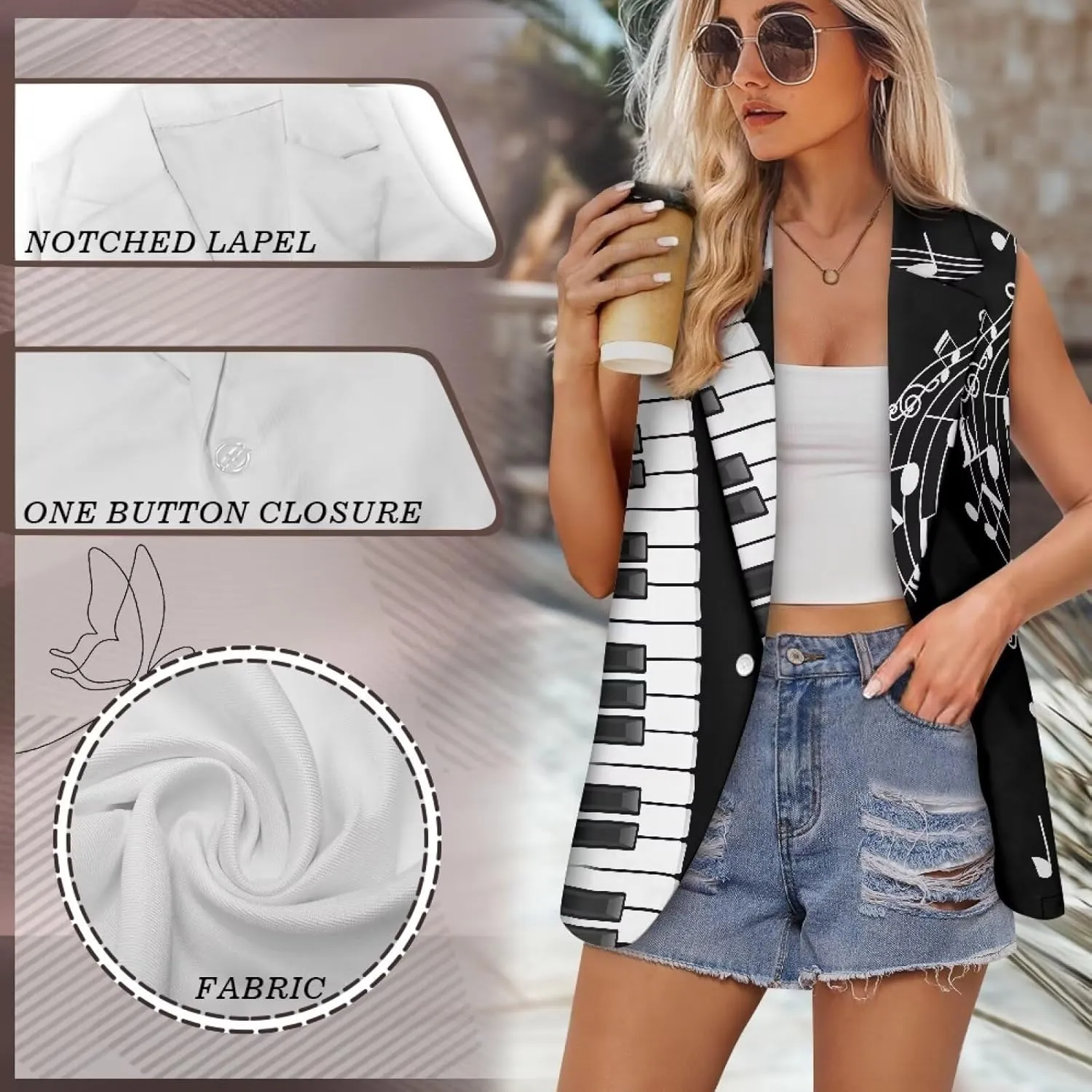Women Siut Vest Blazer Tops V Neck Sleeveless Jackets Lapel Collar One Button Holiday Waistcoat