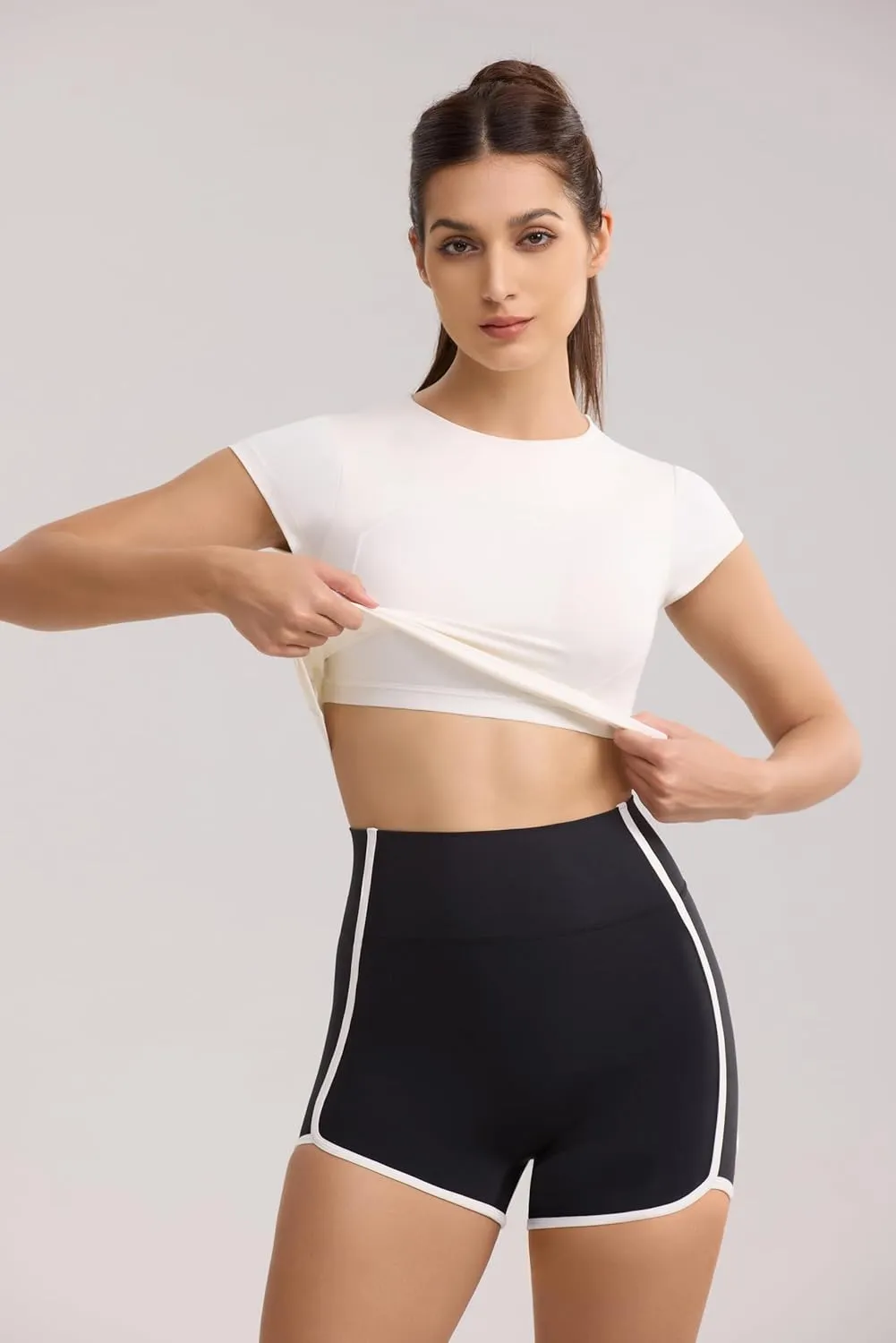 Workout Crop Tops for Women Yoga Short Sleeve Mild Support Slim Fit Cropped Athletic Shirts Gym Tee Built in Bra
