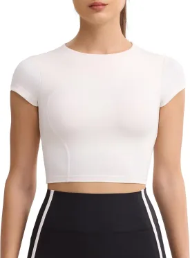 Workout Crop Tops for Women Yoga Short Sleeve Mild Support Slim Fit Cropped Athletic Shirts Gym Tee Built in Bra